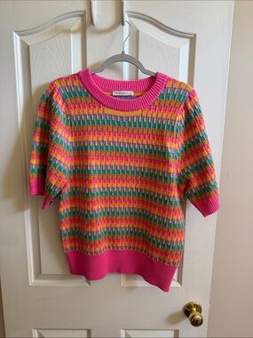 🌸 See and Be Seen: Bright Pink Multi-Color Short Sleeve Knit Sweater